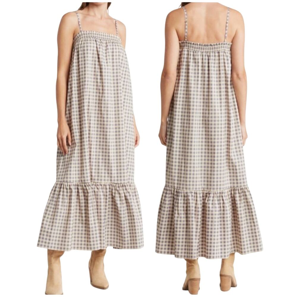 Revolve WeWoreWhat Gingham Smocked Shift Midi Dress “Whisper White” Size Large